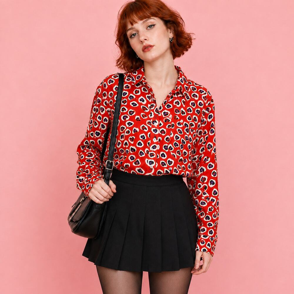 J.Crew Valentine Heart Print Silk Boy Shirt Red Coquette Button Down 2